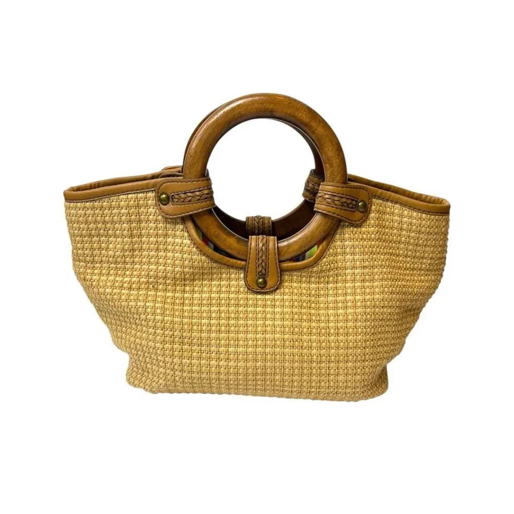 Vintage Fossil Tan Woven Straw Wood Handles Small Satchel Tote Bag Y2K 90’s Boho